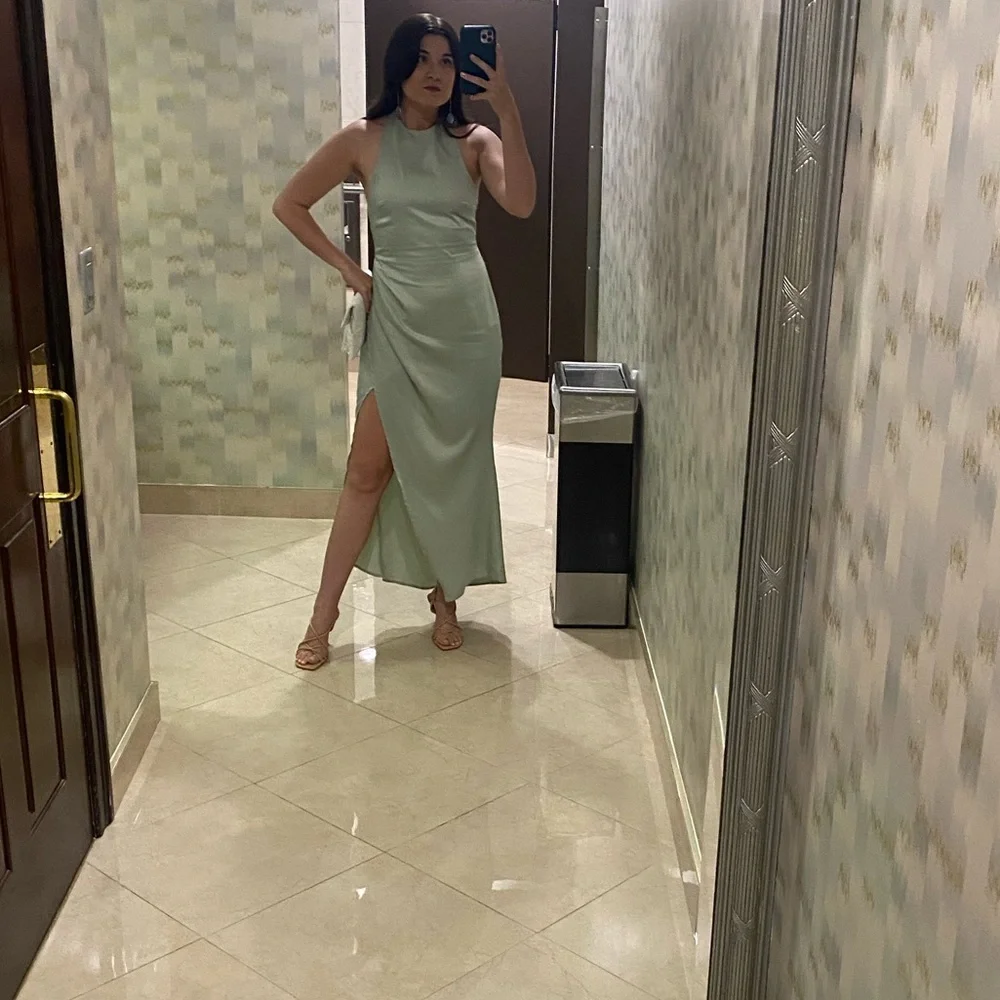 Backless Satin Silk Halter Open back Side Ruched Drape Satin Dress with Slit - Picture 3 of 3